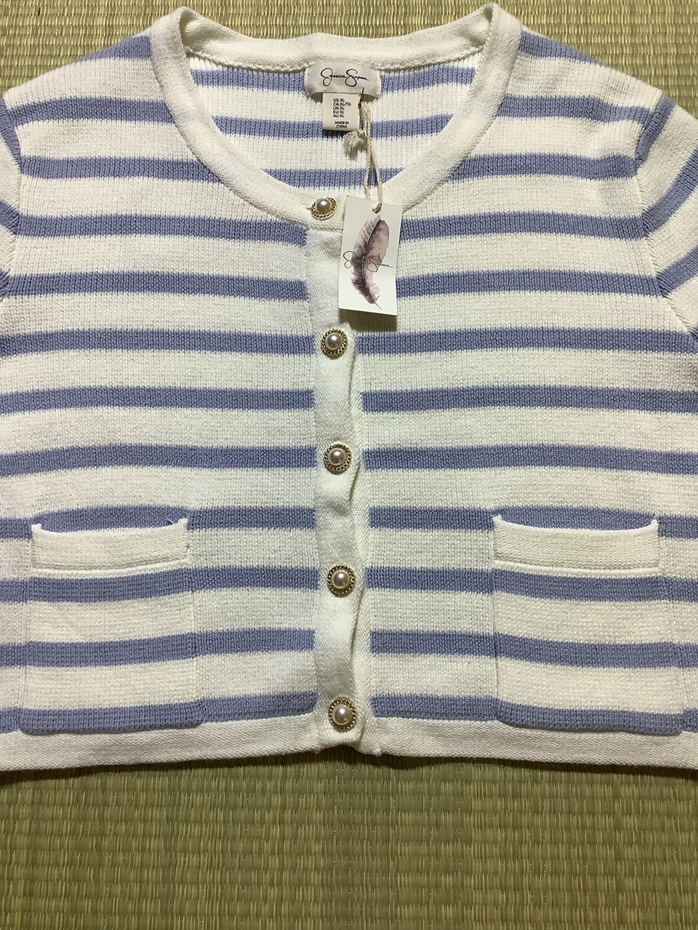 Jessica Simpson White and Light Blue Striped Cropped Cardigan